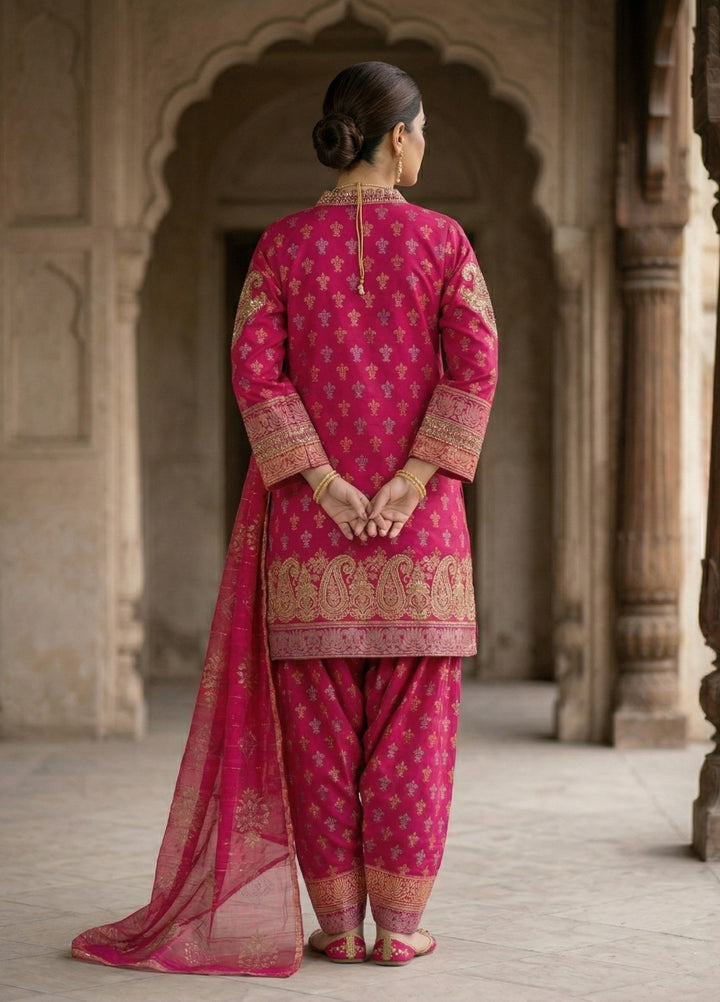 Elara By Diara Couture Women RTW Embroidered Jacquard 3 Piece Suit JK-24 Shocking Pink - Eid Collection