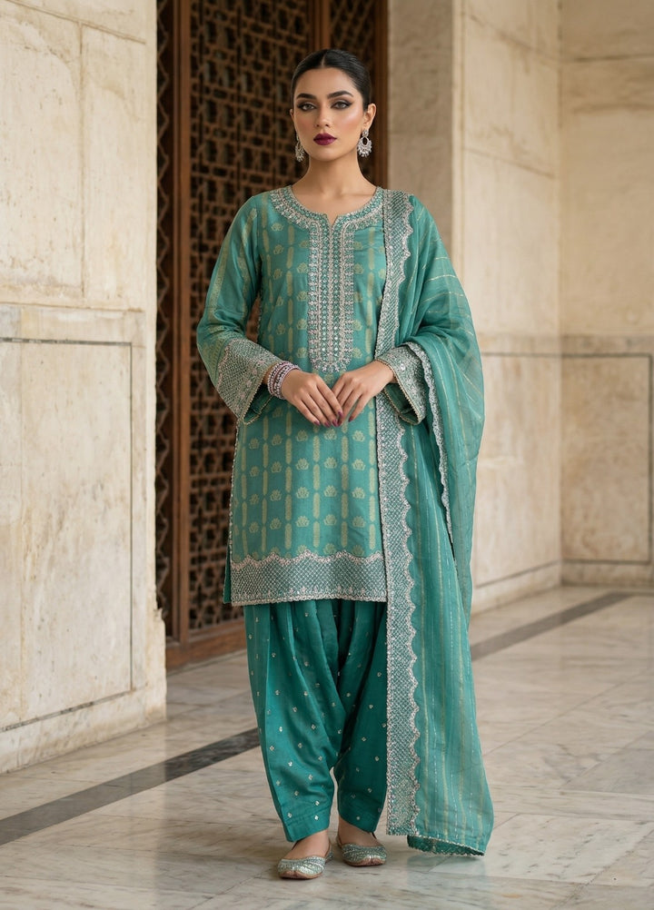Elara By Diara Couture Women RTW Embroidered Jacquard 3 Piece Suit JK-28 Aqua - Eid Collection