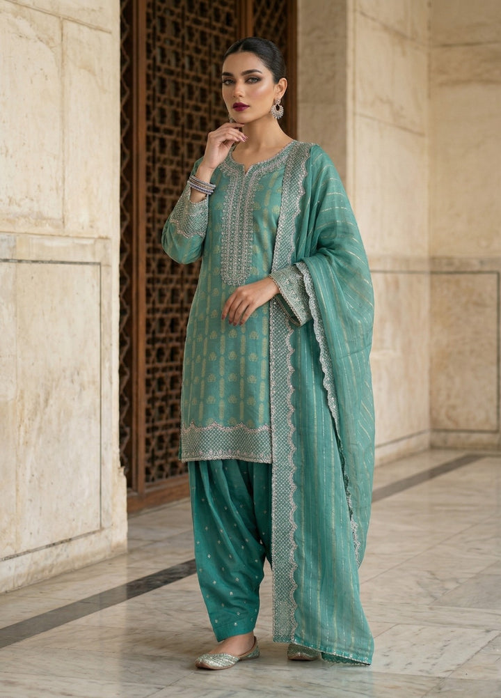 Elara By Diara Couture Women RTW Embroidered Jacquard 3 Piece Suit JK-28 Aqua - Eid Collection