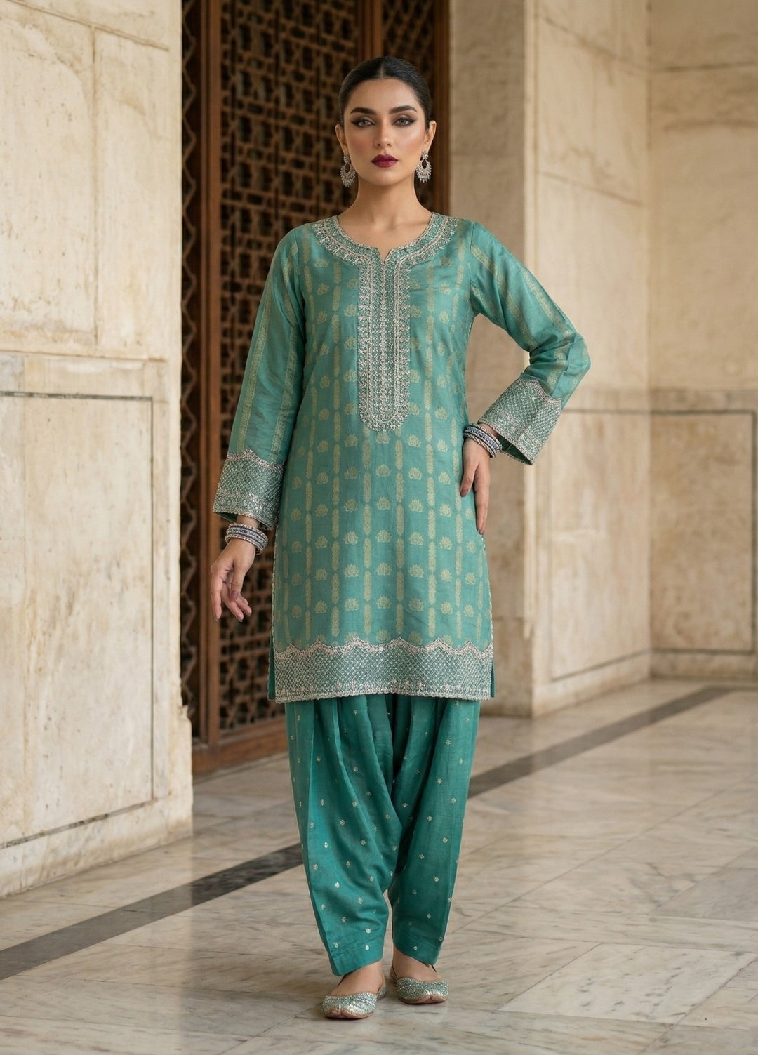 Elara By Diara Couture Women RTW Embroidered Jacquard 3 Piece Suit JK-28 Aqua - Eid Collection