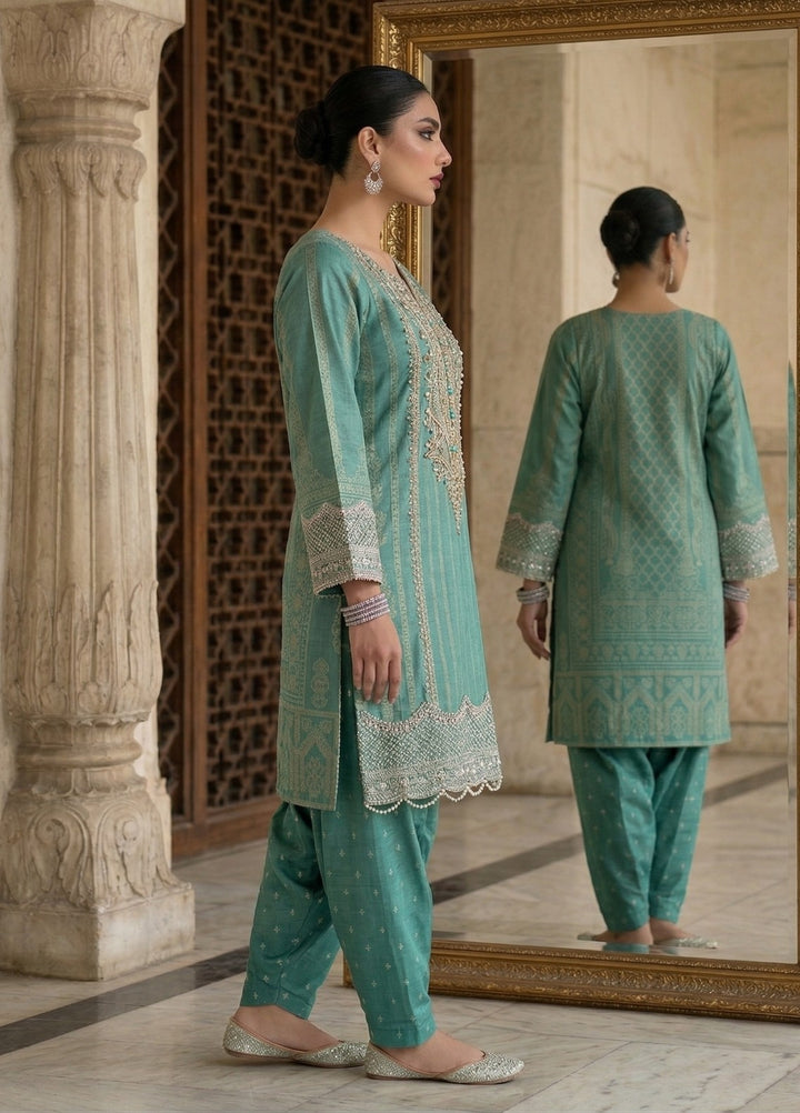 Elara By Diara Couture Women RTW Embroidered Jacquard 3 Piece Suit JK-28 Aqua - Eid Collection
