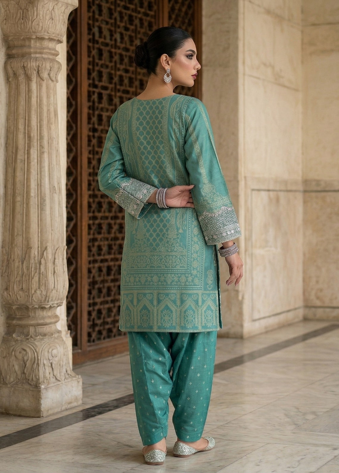 Elara By Diara Couture Women RTW Embroidered Jacquard 3 Piece Suit JK-28 Aqua - Eid Collection