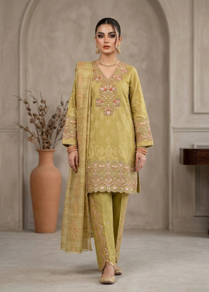 Elara By Diara Couture Women RTW Embroidered Jacquard 3 Piece Suit JK-31 Mari-Gold - Eid Collection