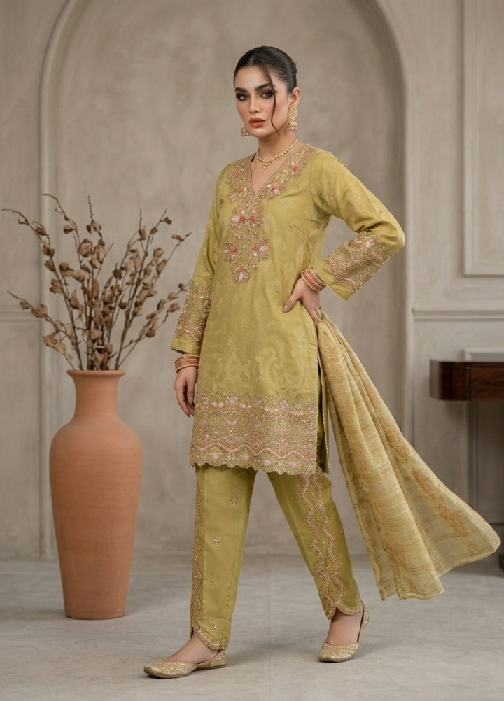 Elara By Diara Couture Women RTW Embroidered Jacquard 3 Piece Suit JK-31 Mari-Gold - Eid Collection
