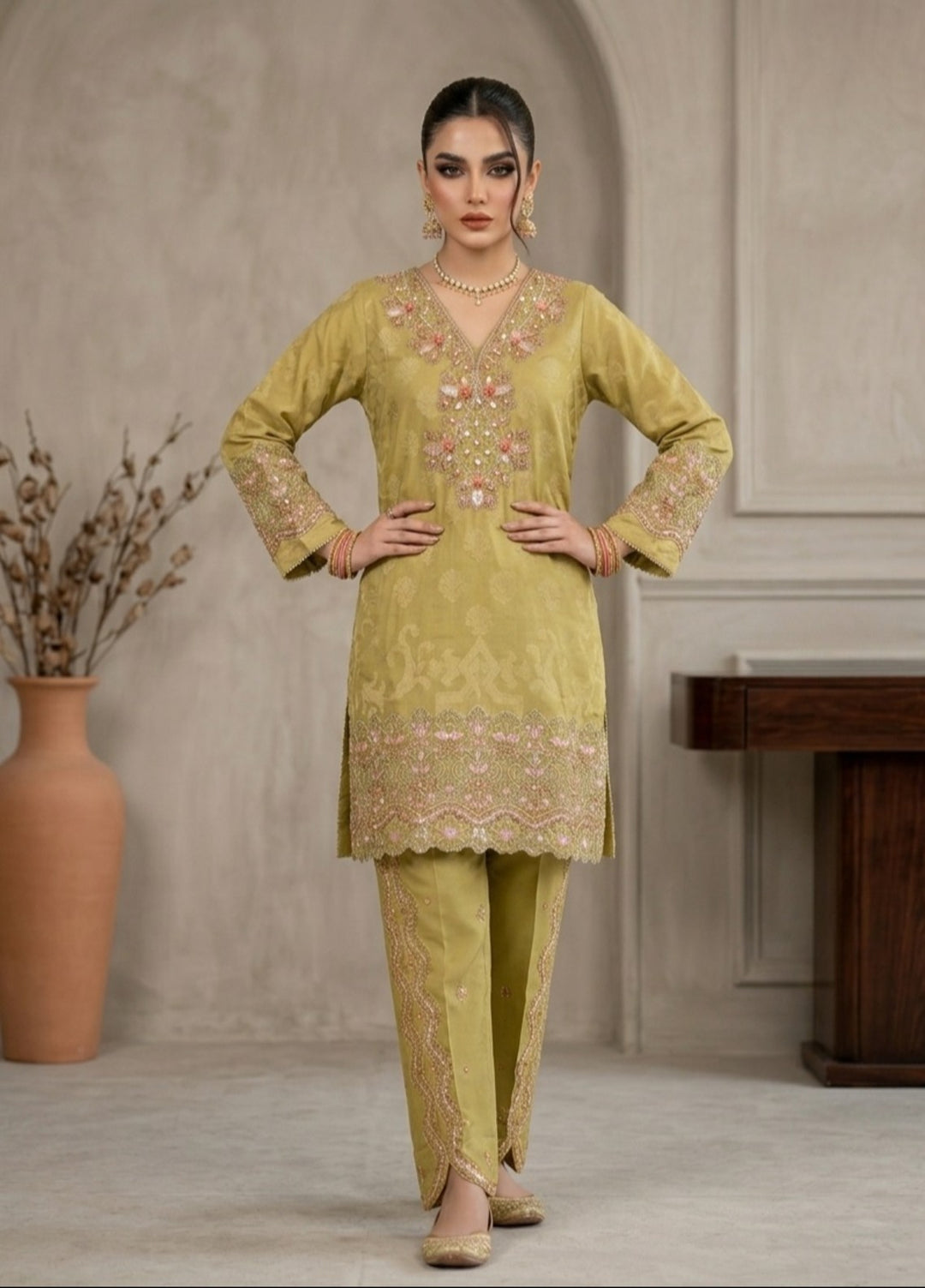 Elara By Diara Couture Women RTW Embroidered Jacquard 3 Piece Suit JK-31 Mari-Gold - Eid Collection