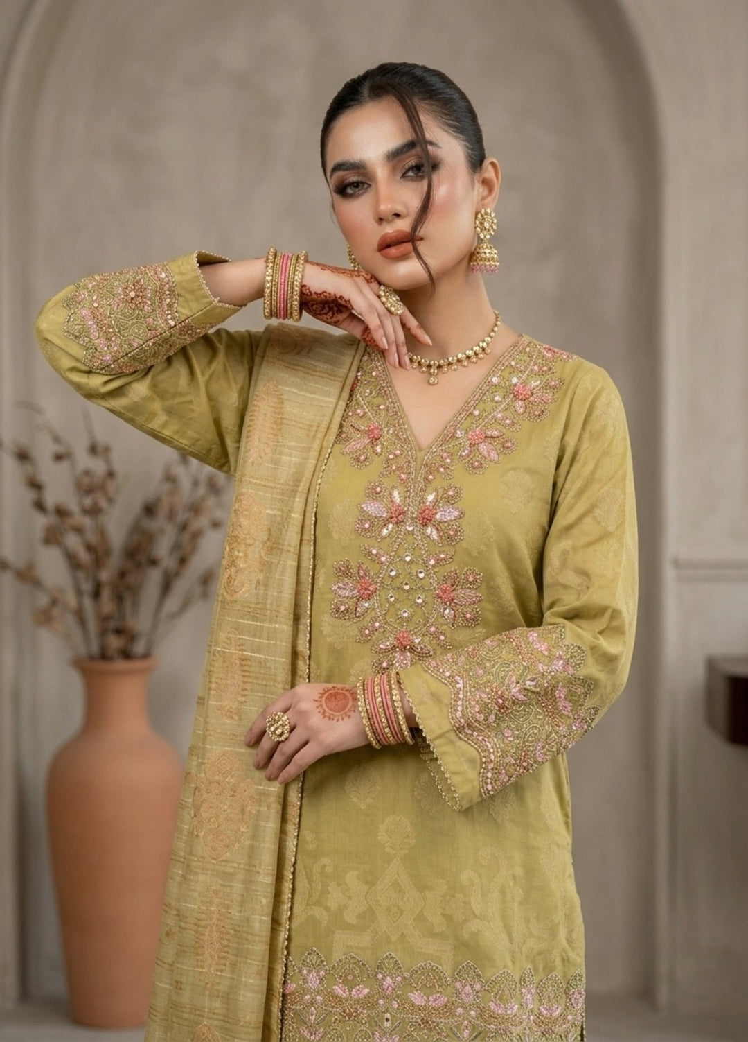 Elara By Diara Couture Women RTW Embroidered Jacquard 3 Piece Suit JK-31 Mari-Gold - Eid Collection
