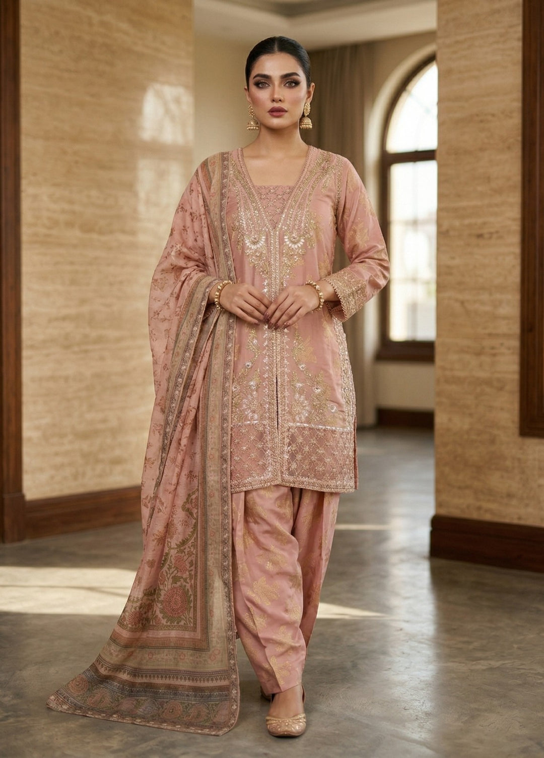 Elara By Diara Couture Women RTW Embroidered Jacquard 3 Piece Suit JK026 Peach - Eid Collection