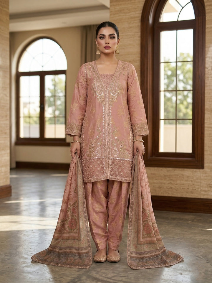 Elara By Diara Couture Women RTW Embroidered Jacquard 3 Piece Suit JK026 Peach - Eid Collection