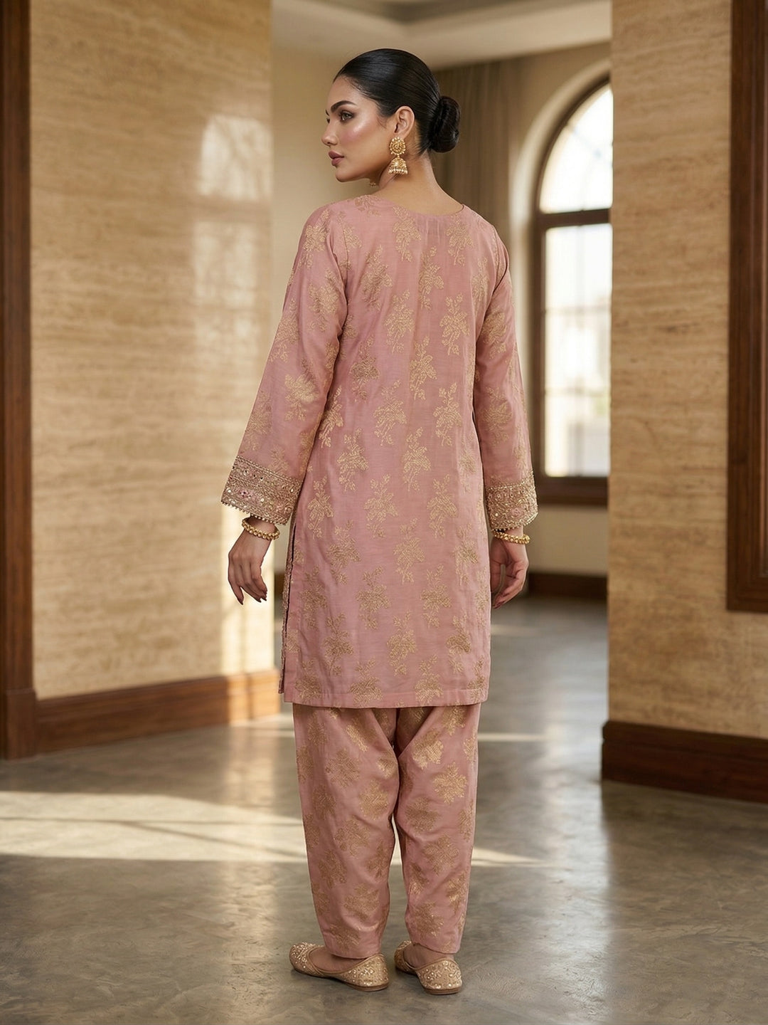 Elara By Diara Couture Women RTW Embroidered Jacquard 3 Piece Suit JK026 Peach - Eid Collection