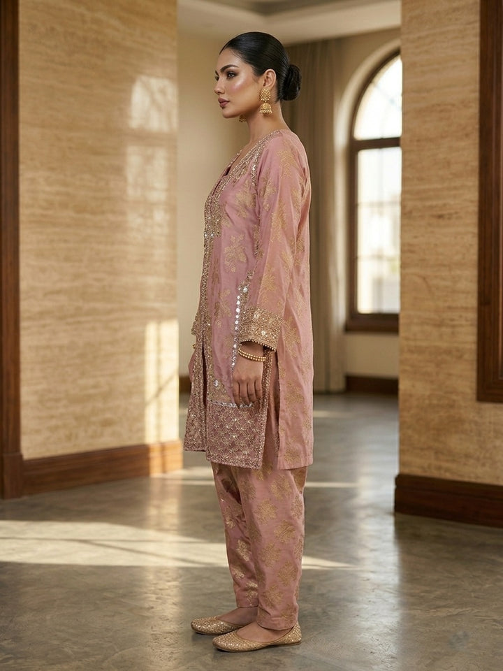 Elara By Diara Couture Women RTW Embroidered Jacquard 3 Piece Suit JK026 Peach - Eid Collection
