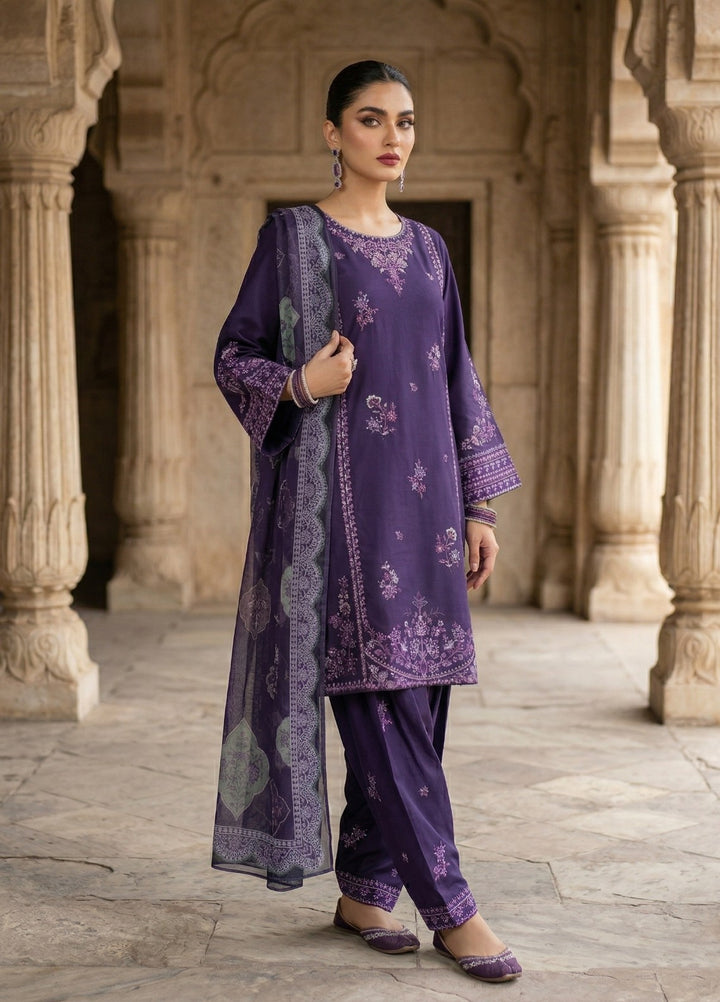 Zayra by Diara Couture RTW Embroidered Cotton 3 Piece Suit RIWAAZ ZP-71 PURPLE  - Festive Collection