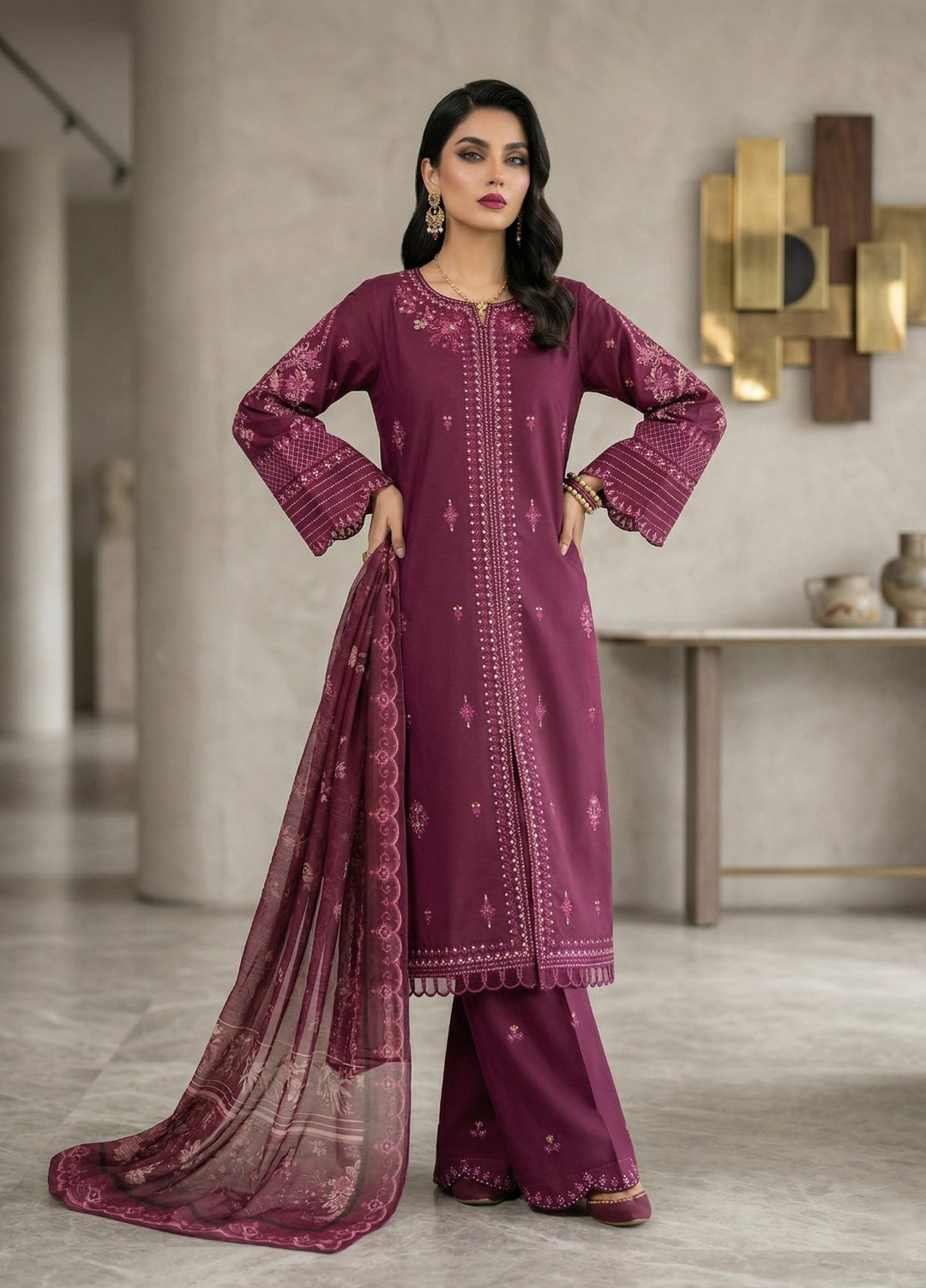 Zayra by Diara Couture RTW Embroidered Lawn 3 Piece Suit MALIHA ZP-75 PLUM  - Festive Collection