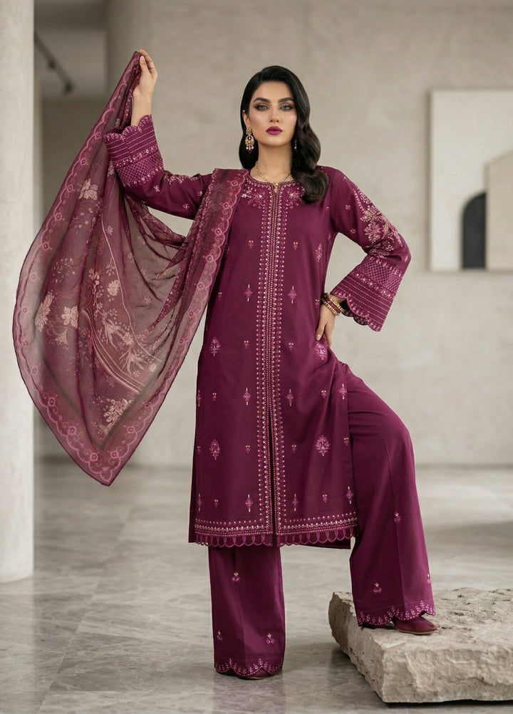 Zayra by Diara Couture RTW Embroidered Lawn 3 Piece Suit MALIHA ZP-75 PLUM  - Festive Collection
