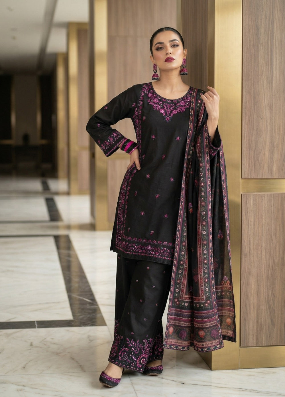 Zayra by Diara Couture RTW Embroidered Cotton 3 Piece Suit AVENZA ZP-80 BLACK  - Festive Collection