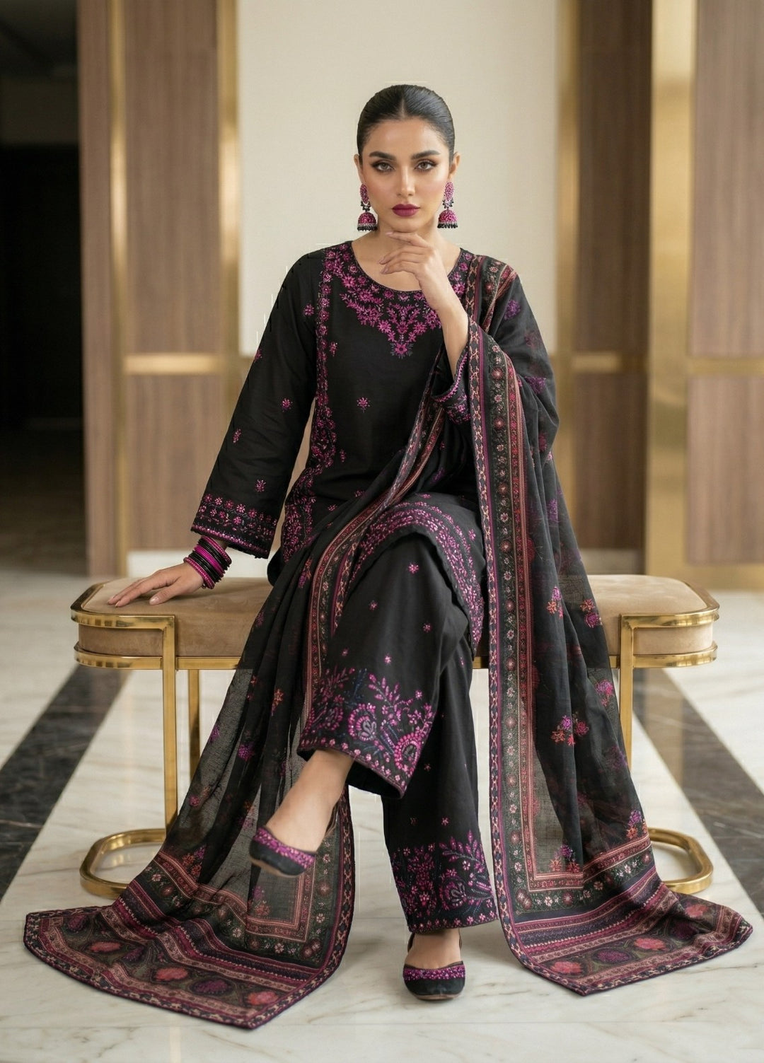 Zayra by Diara Couture RTW Embroidered Cotton 3 Piece Suit AVENZA ZP-80 BLACK  - Festive Collection
