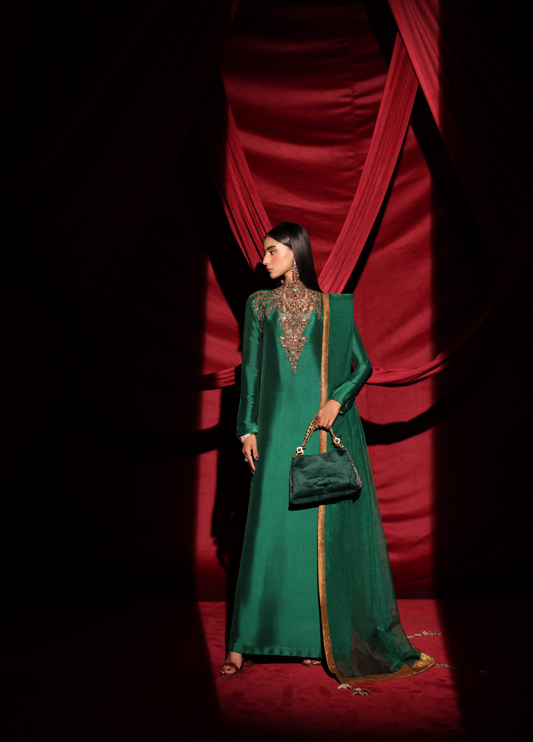 The Glamorous by Musferah Saad RTW Hand work Tissue Silk 3 Piece Suit The Emerald Queen - Eid Collection