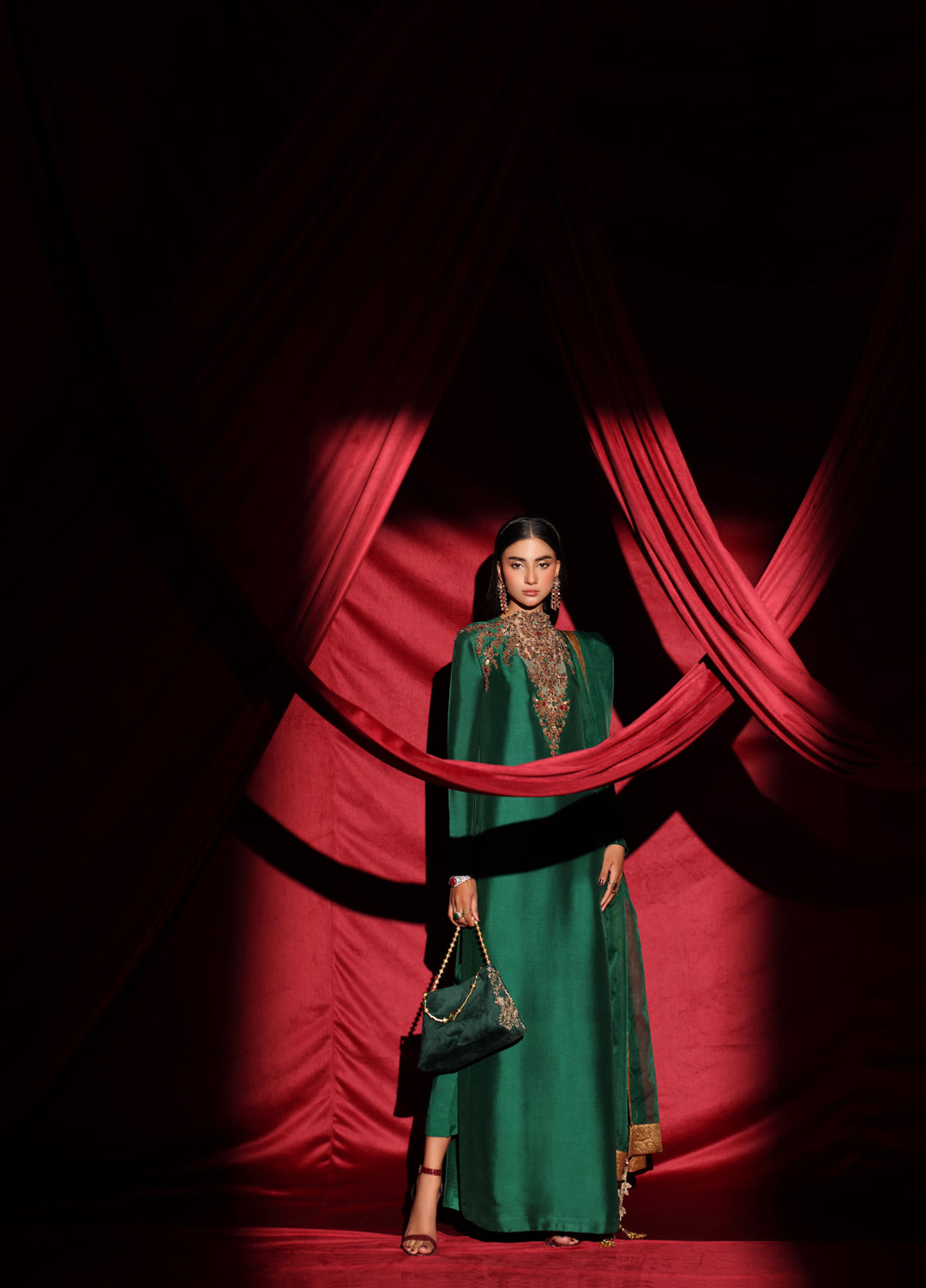 The Glamorous by Musferah Saad RTW Hand work Tissue Silk 3 Piece Suit The Emerald Queen - Eid Collection