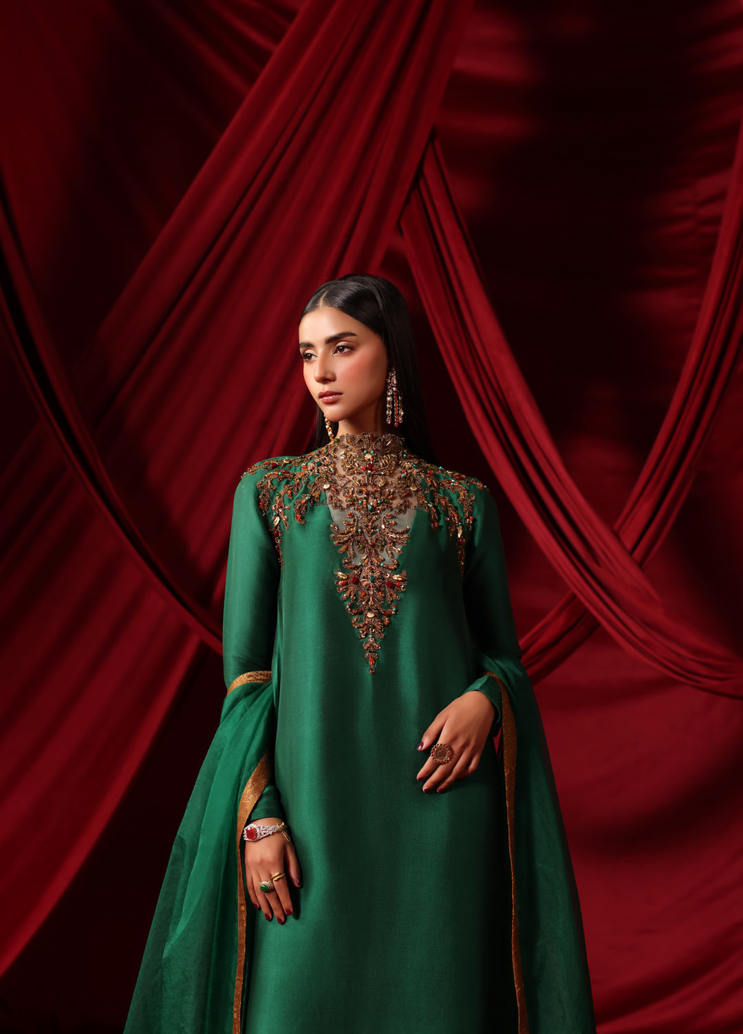 The Glamorous by Musferah Saad RTW Hand work Tissue Silk 3 Piece Suit The Emerald Queen - Eid Collection