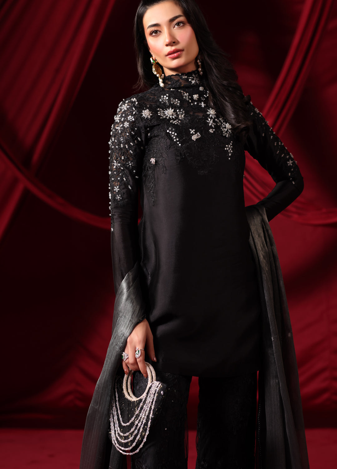 The Glamorous by Musferah Saad RTW Hand work Indian Raw Silk 3 Piece Suit Midnight Seduction - Eid Collection