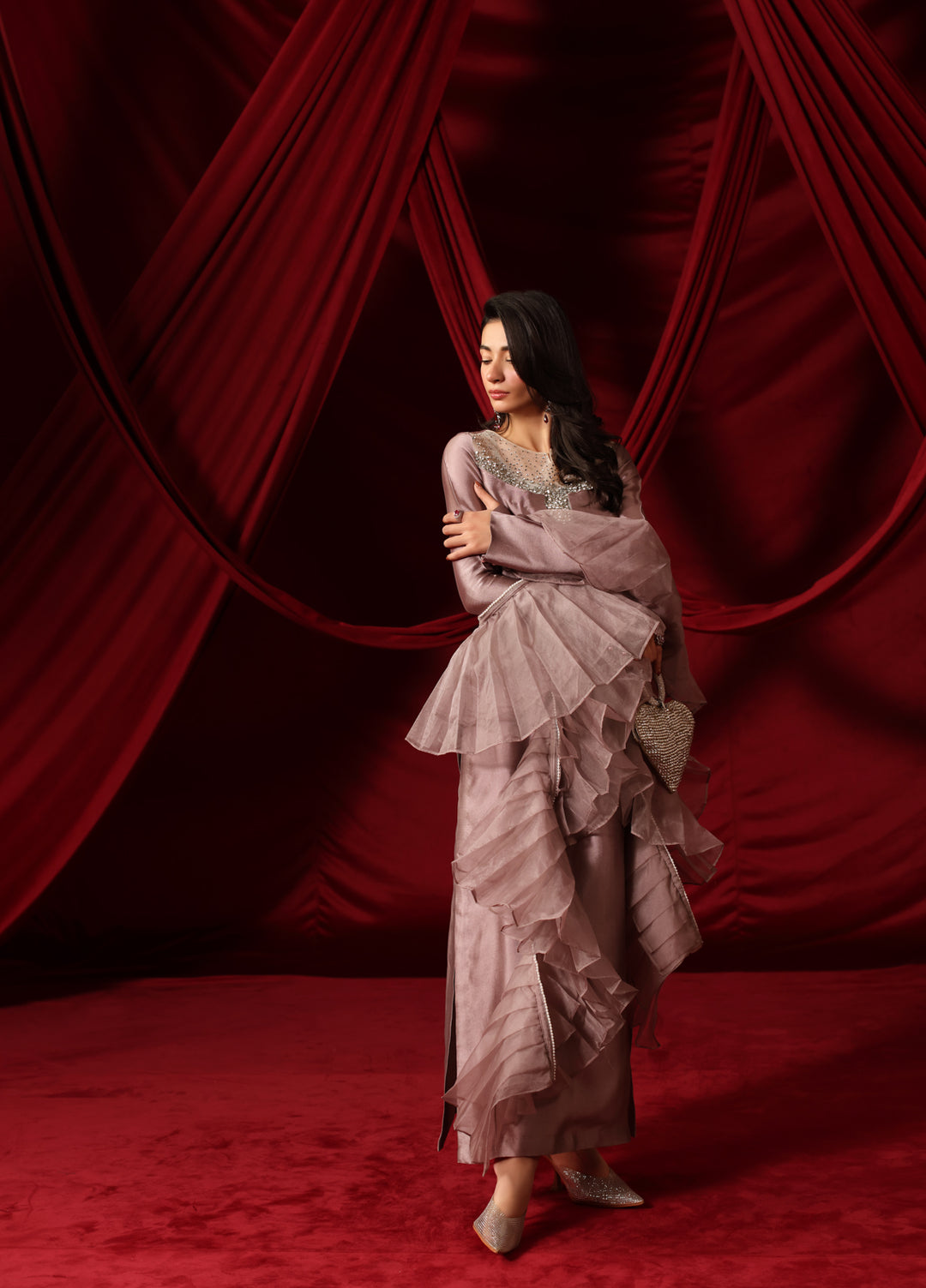The Glamorous by Musferah Saad RTW Hand work Tissue Silk 3 Piece Suit Ashe Rose - Festive Collection