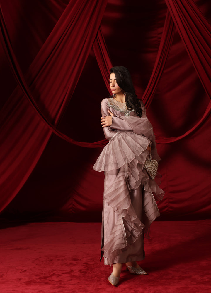The Glamorous by Musferah Saad RTW Hand work Tissue Silk 3 Piece Suit Ashe Rose - Festive Collection