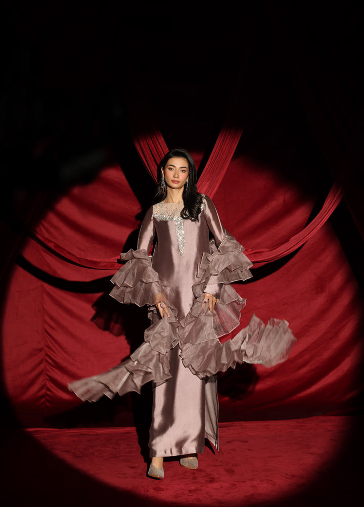 The Glamorous by Musferah Saad RTW Hand work Tissue Silk 3 Piece Suit Ashe Rose - Festive Collection