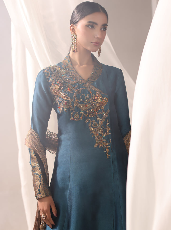 Twilight by Musferah Saad RTW Hand work Tissue Silk 3 Piece Suit Teal Temptress - Eid Collection