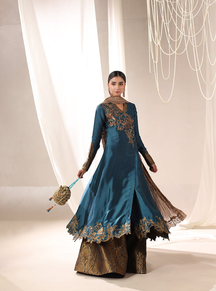 Twilight by Musferah Saad RTW Hand work Tissue Silk 3 Piece Suit Teal Temptress - Eid Collection