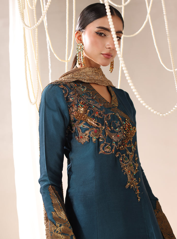Twilight by Musferah Saad RTW Hand work Tissue Silk 3 Piece Suit Teal Temptress - Eid Collection