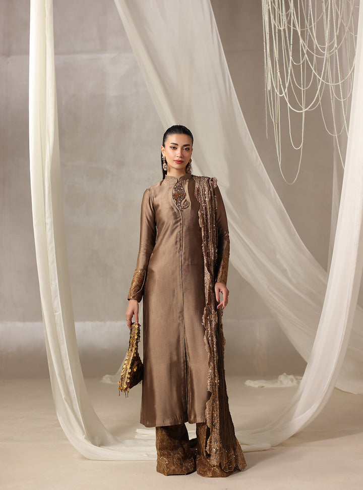 Twilight by Musferah Saad RTW Hand work Tissue Silk 3 Piece Suit Brulee - Casual Collection