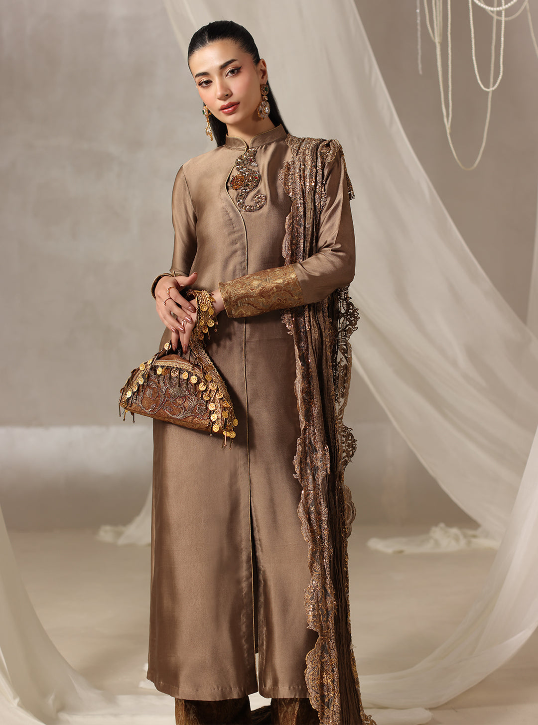Twilight by Musferah Saad RTW Hand work Tissue Silk 3 Piece Suit Brulee - Casual Collection