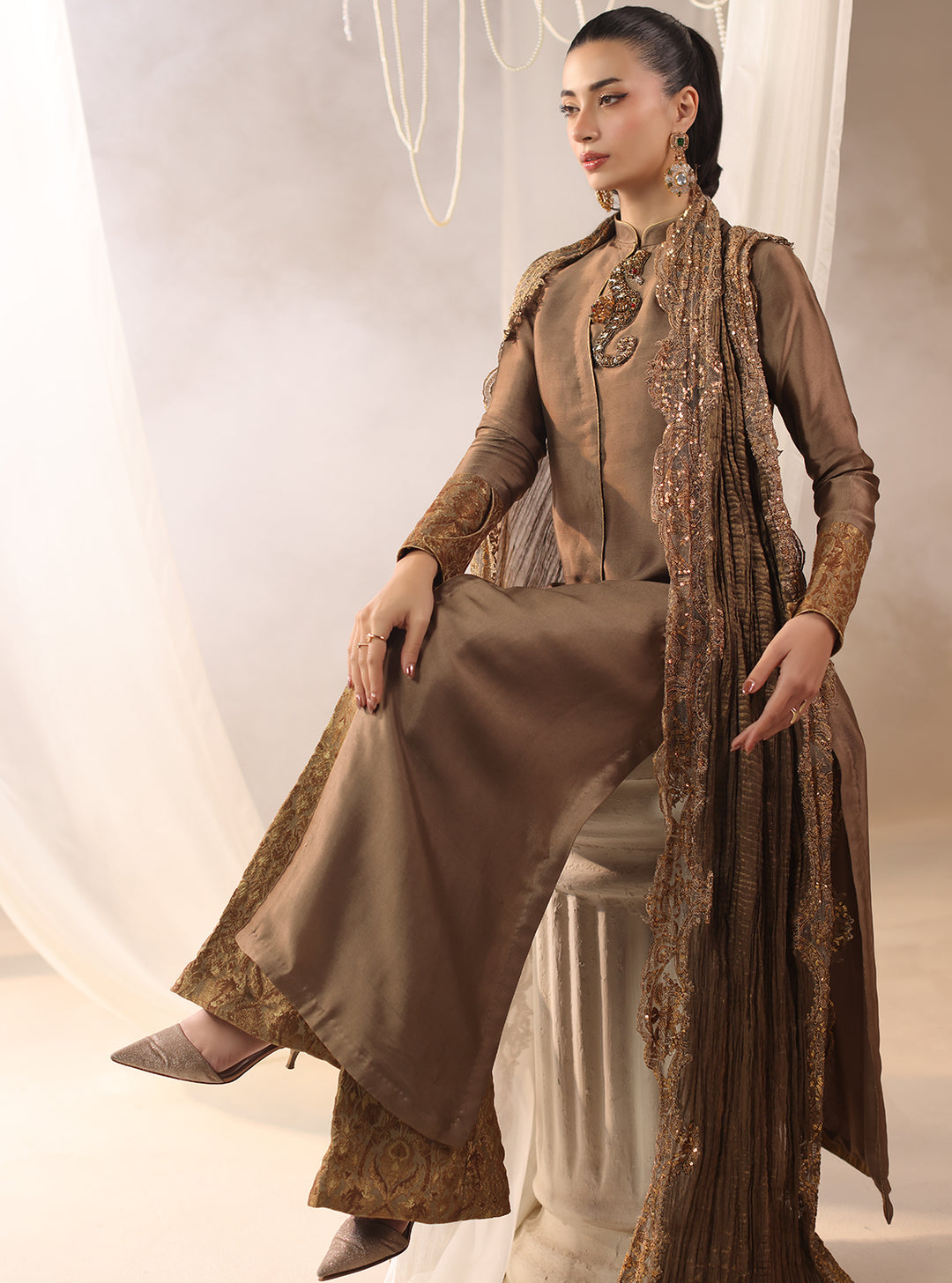 Twilight by Musferah Saad RTW Hand work Tissue Silk 3 Piece Suit Brulee - Casual Collection