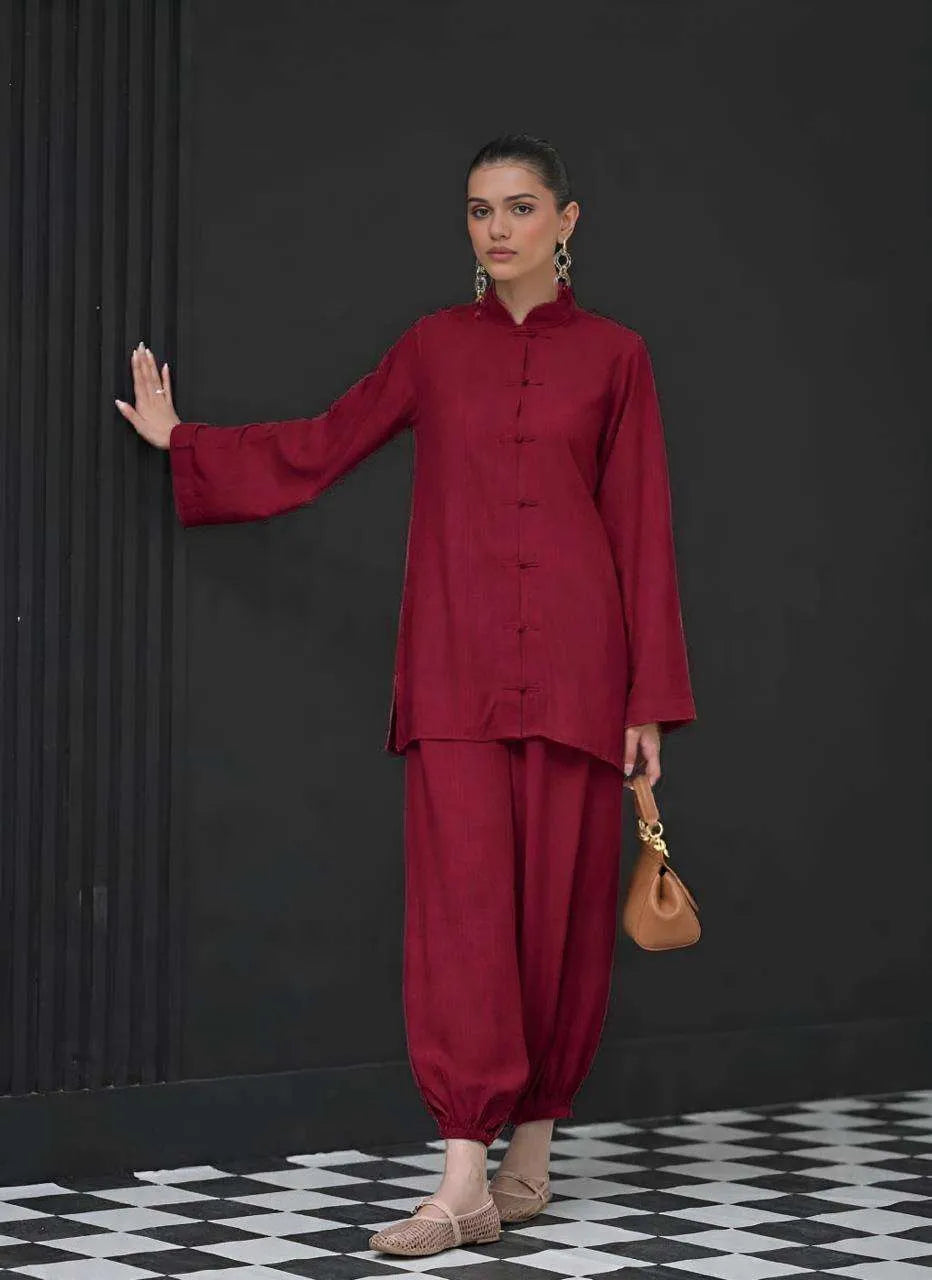 The Mandarine Misaal by Ayesha Somaya RTW Solids Irish Linen 2 Piece Suit Maroon Casual Collection