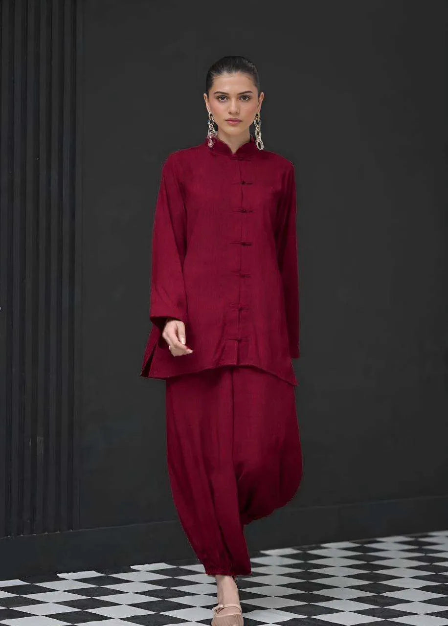 The Mandarine Misaal by Ayesha Somaya RTW Solids Irish Linen 2 Piece Suit Maroon Casual Collection