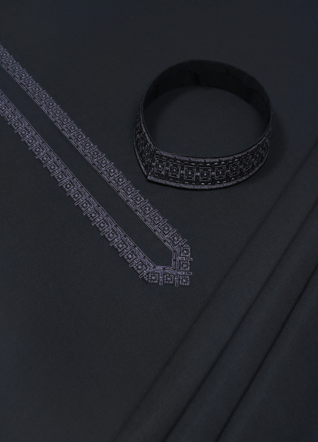 Monochrome by Fabrich Mens Unstitched Embroidered Wash N Wear 2 Piece Suit Necline-Bann Black Casual Collection