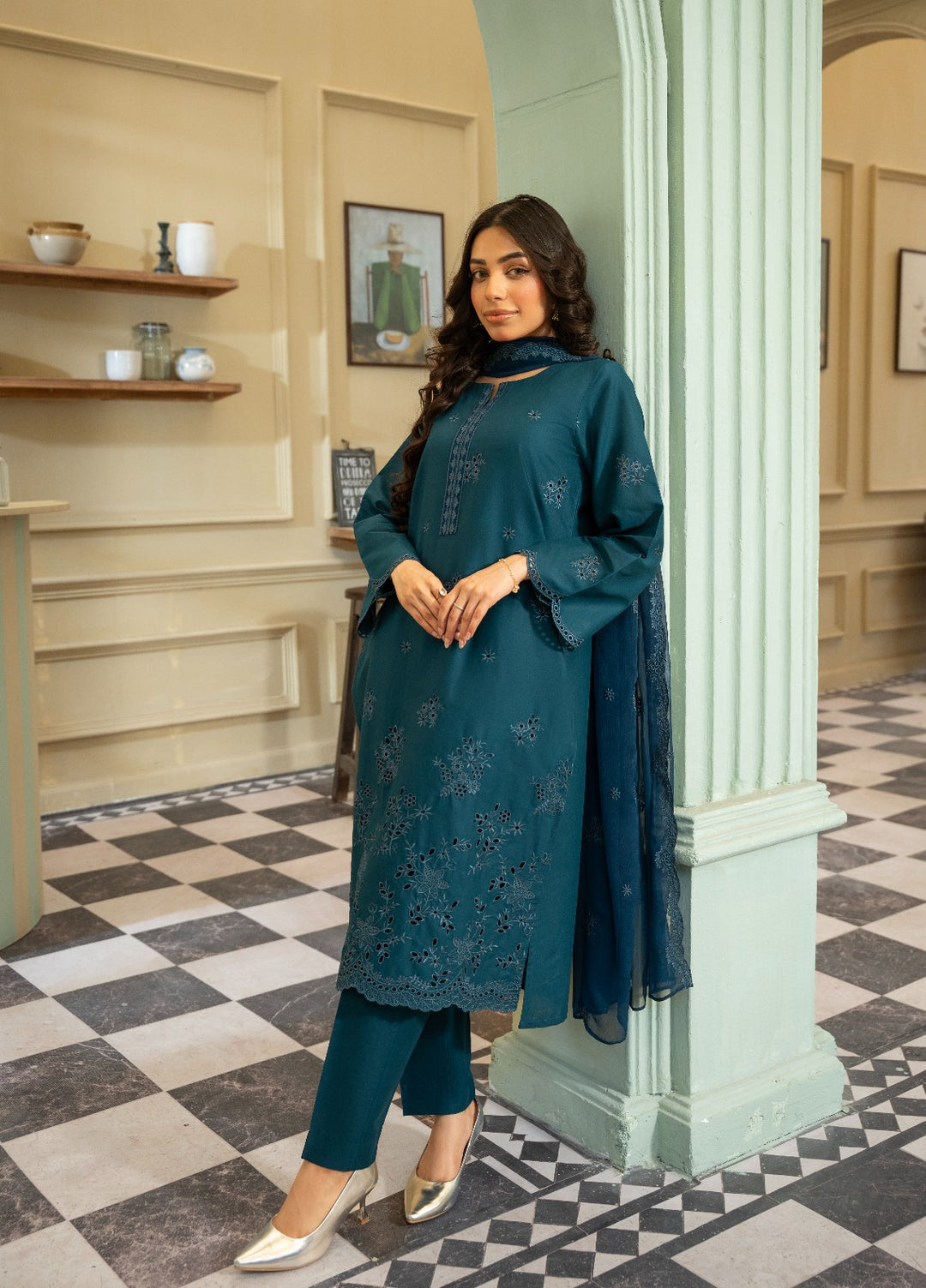 Naaz Couture RTW Chikankari Lawn 3 Piece Suit Teal Eid Collection