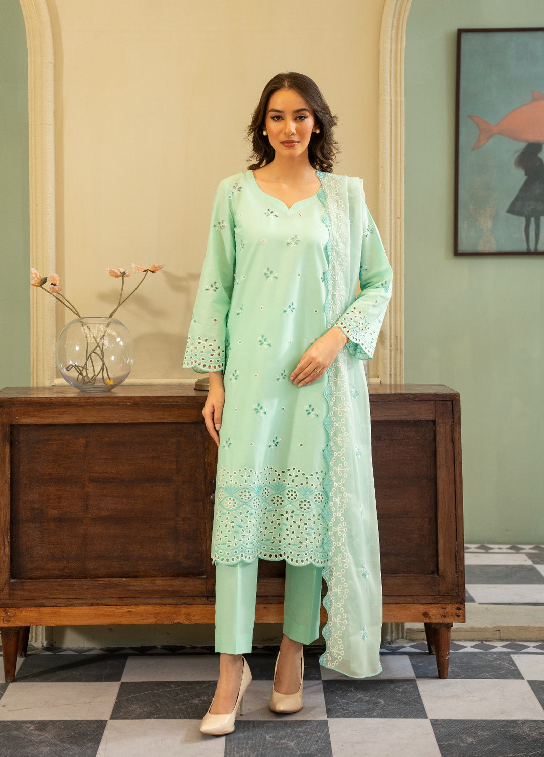 Naaz Couture RTW Chikankari Lawn 3 Piece Suit Aquamarine Eid Collection