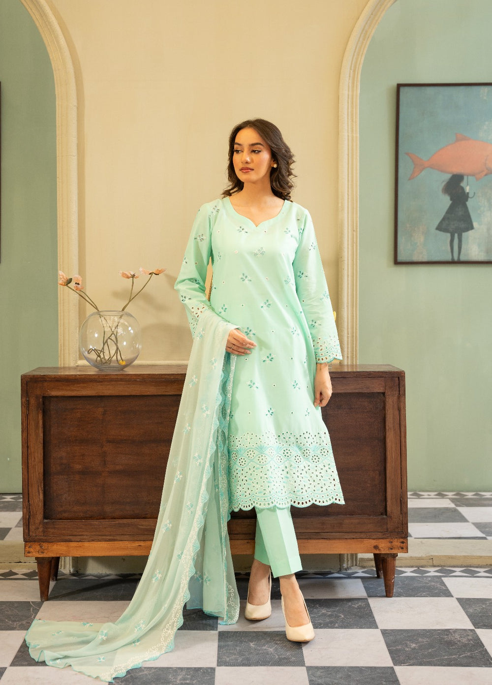Naaz Couture RTW Chikankari Lawn 3 Piece Suit Aquamarine Eid Collection