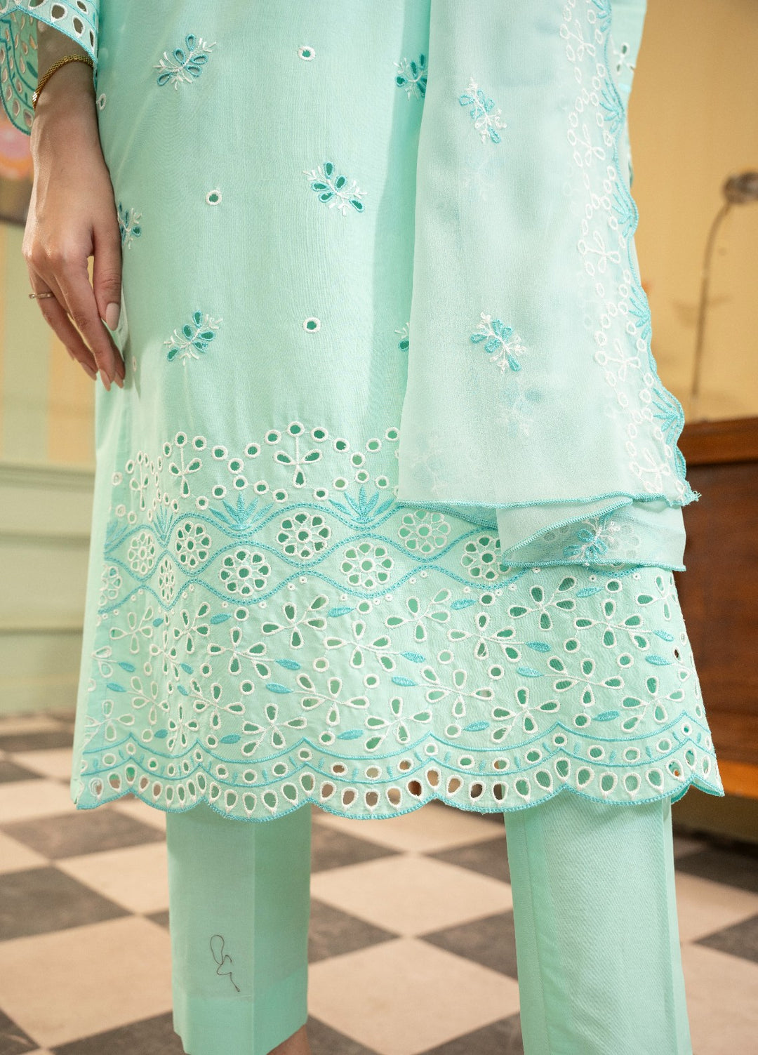 Naaz Couture RTW Chikankari Lawn 3 Piece Suit Aquamarine Eid Collection