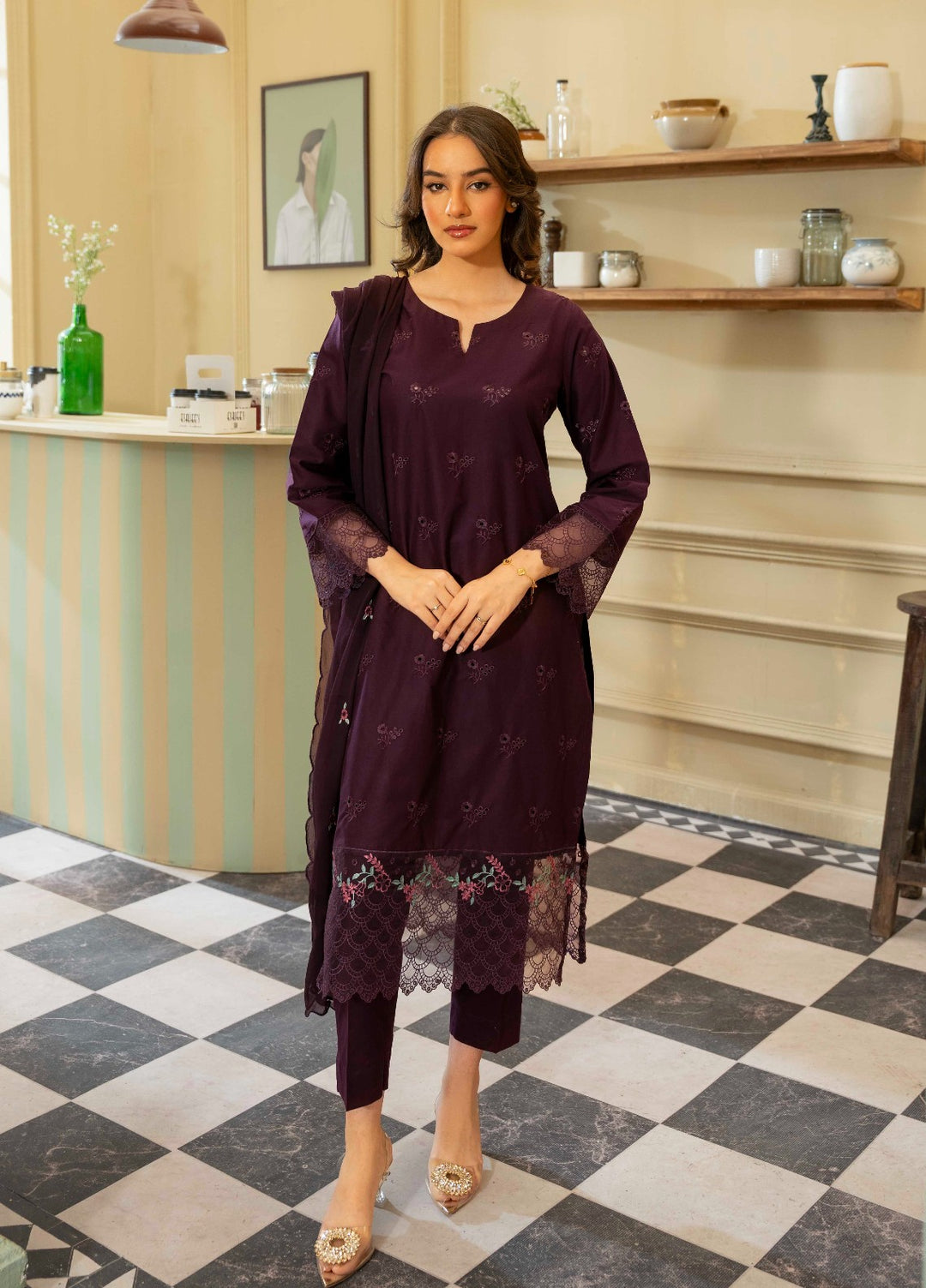 Naaz Couture RTW Chikankari Lawn 3 Piece Suit Plum Eid Collection