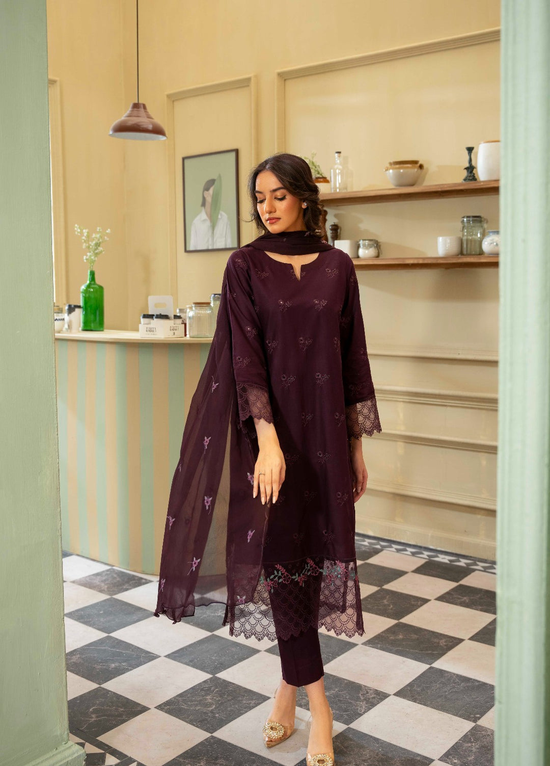 Naaz Couture RTW Chikankari Lawn 3 Piece Suit Plum Eid Collection
