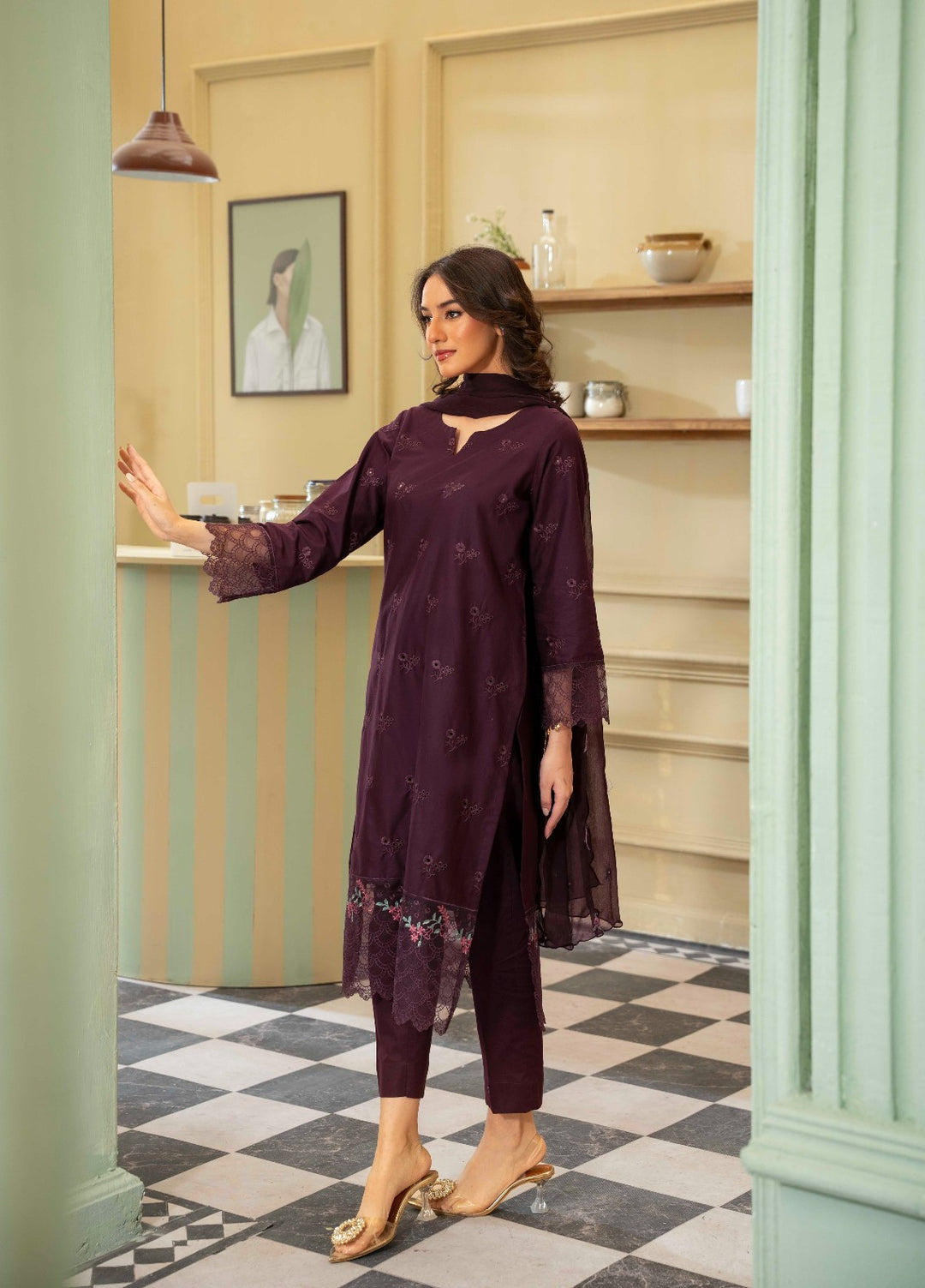 Naaz Couture RTW Chikankari Lawn 3 Piece Suit Plum Eid Collection