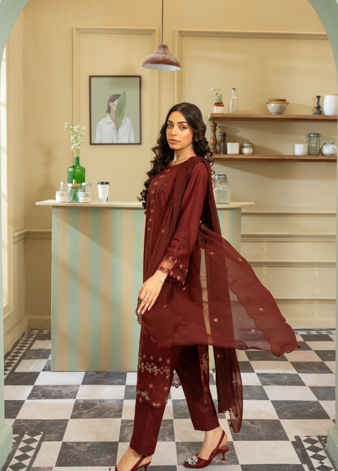 Naaz Couture RTW Chikankari Lawn 3 Piece Suit Maroon Eid Collection
