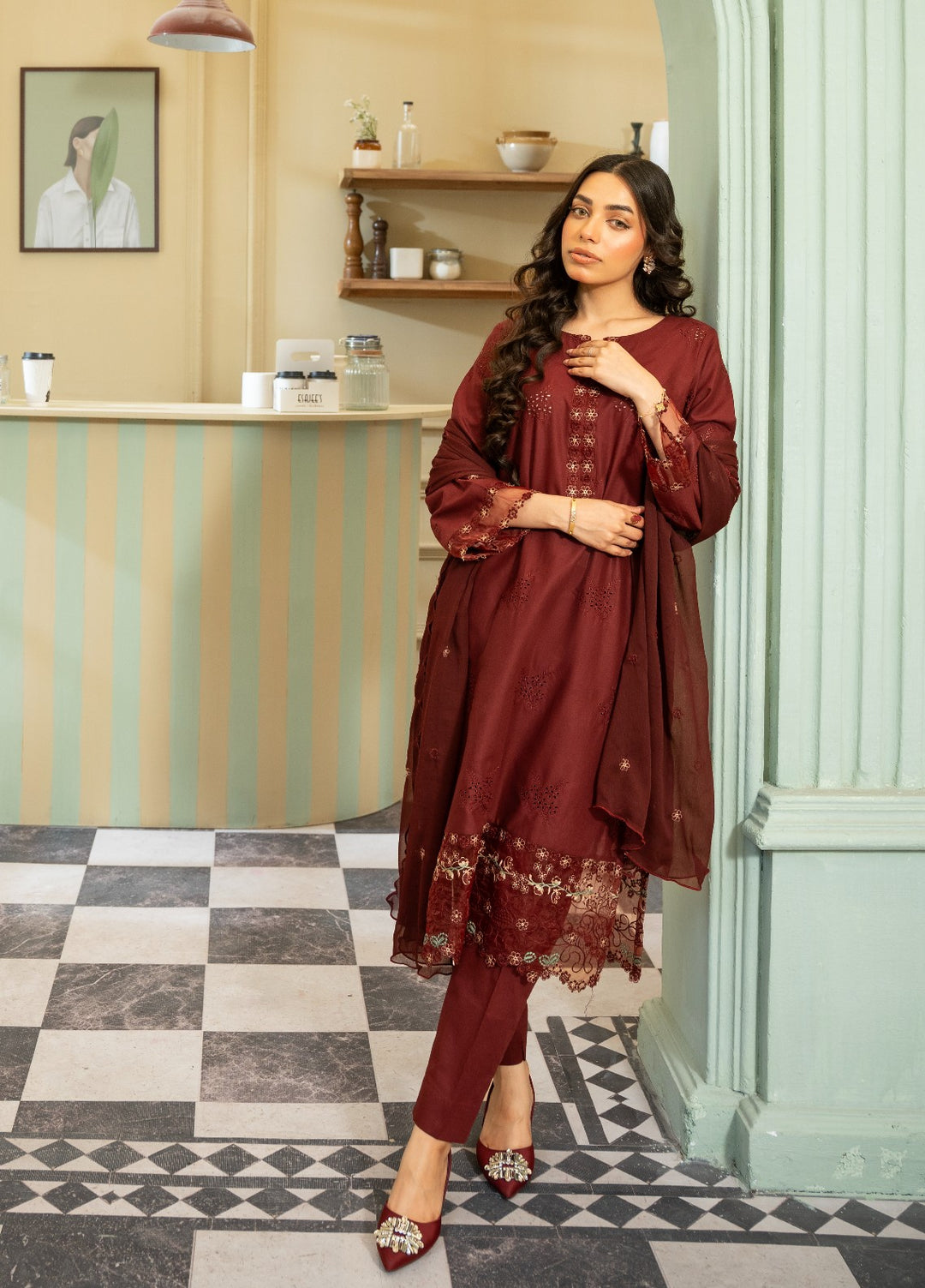Naaz Couture RTW Chikankari Lawn 3 Piece Suit Maroon Eid Collection