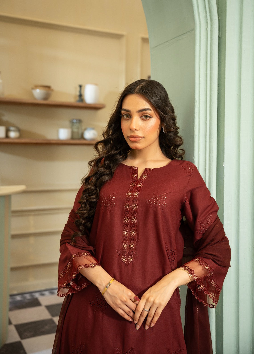 Naaz Couture RTW Chikankari Lawn 3 Piece Suit Maroon Eid Collection