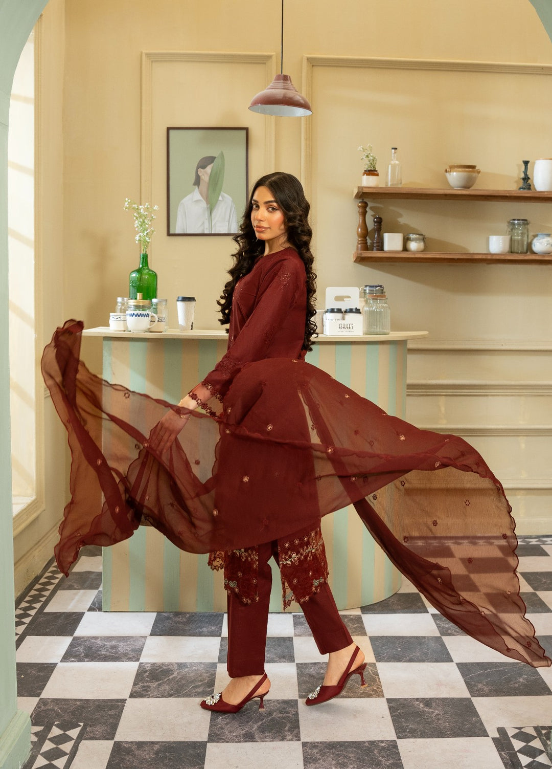 Naaz Couture RTW Chikankari Lawn 3 Piece Suit Maroon Eid Collection
