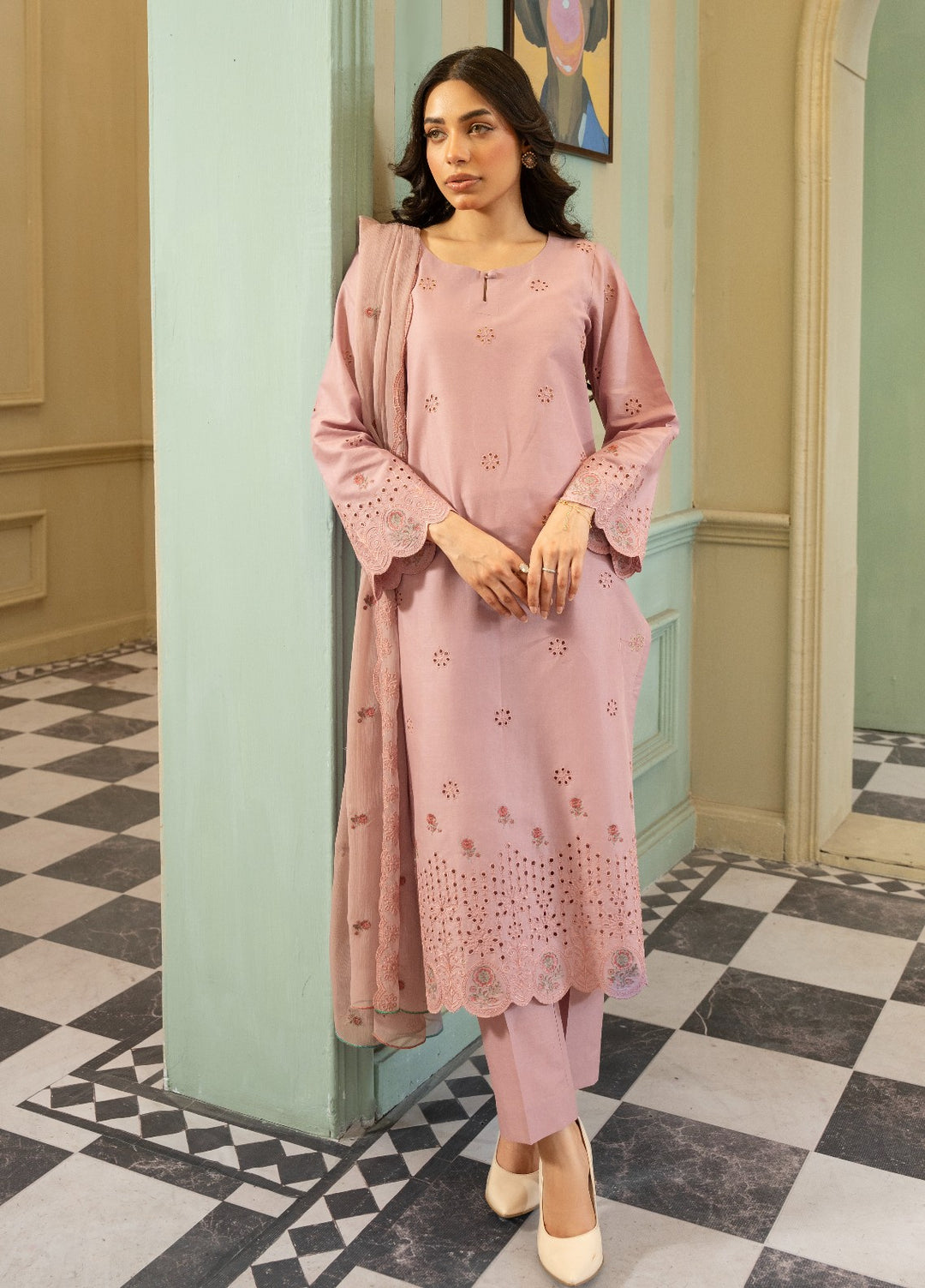 Naaz Couture RTW Chikankari Lawn 3 Piece Suit Tea Rose Eid Collection