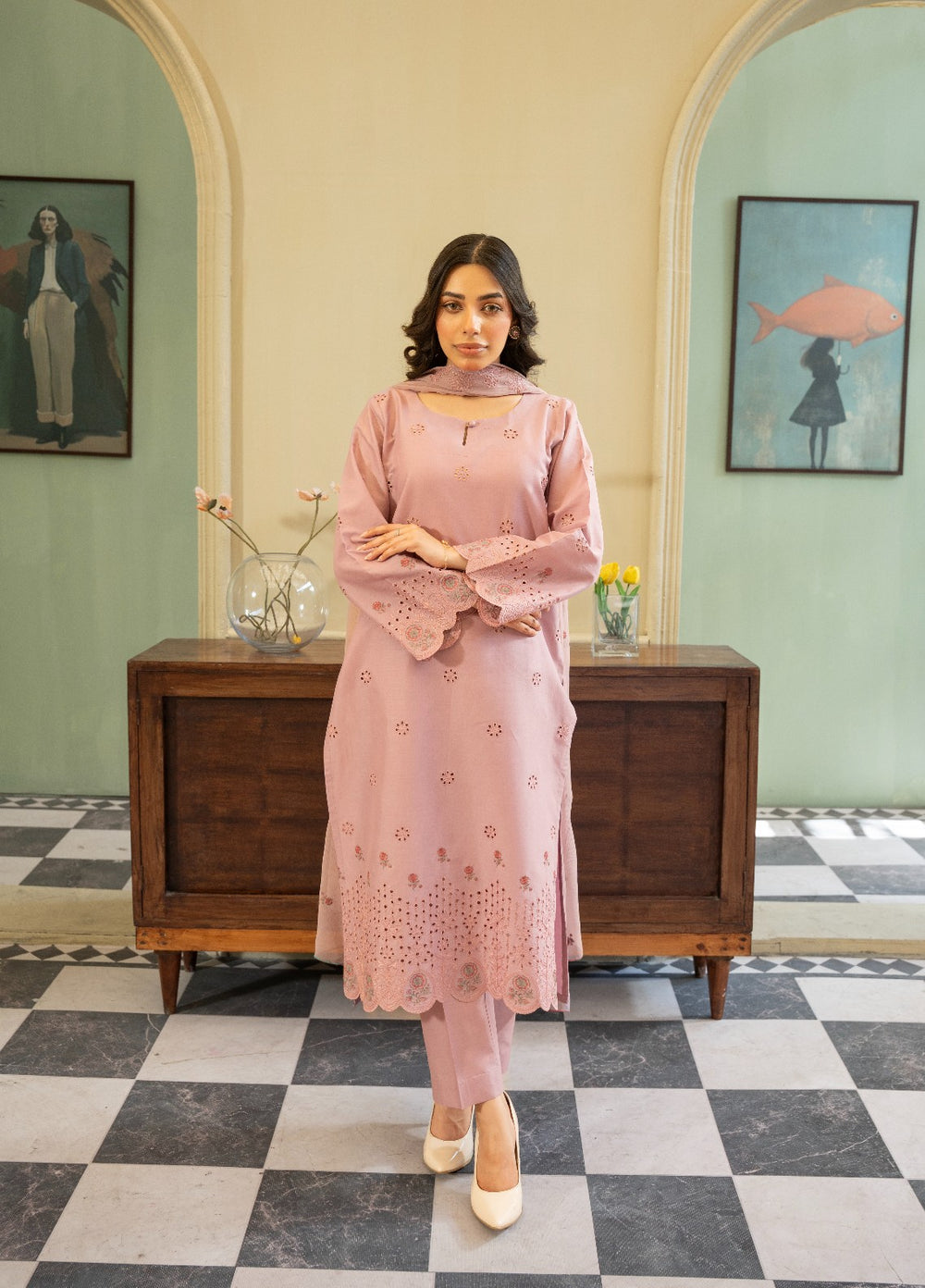 Naaz Couture RTW Chikankari Lawn 3 Piece Suit Tea Rose Eid Collection