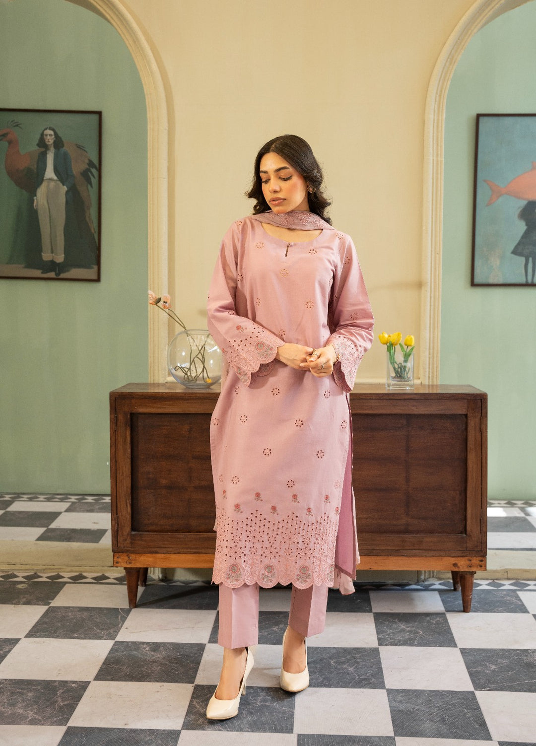 Naaz Couture RTW Chikankari Lawn 3 Piece Suit Tea Rose Eid Collection