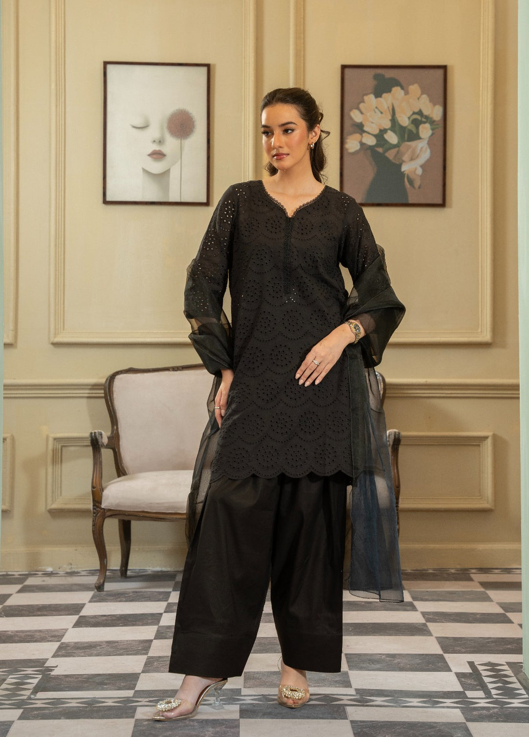 Naaz Couture RTW Chikankari Lawn 3 Piece Suit Suit-Black Festive Collection